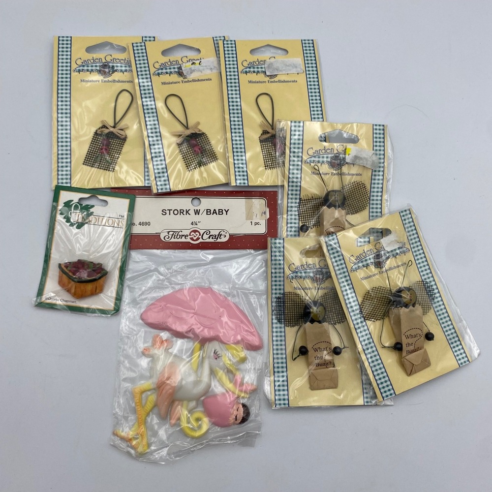 Vintage Miniature Craft Lot Garden Greetings Bumblebees Stork Berry‎ Basket 8pc